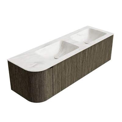 Mondiaz KURVE-DLUX Ensemble de meuble de salle de bains - 145x46x40cm - 1 tiroir - 1 porte - lavabo solid surface - double / droite - sans trou de robinet - Shadow
