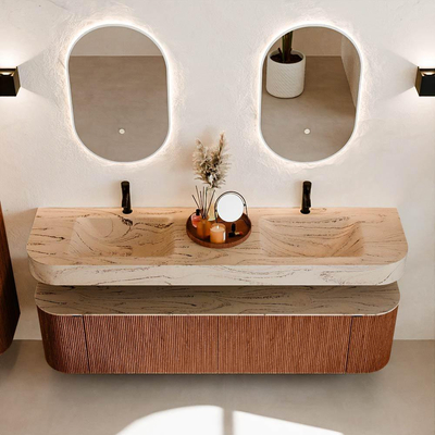 MONDIAZ THOR-DLUX 180cm meuble de salle de bains arrondi gauche + droite couleur Ruby avec 2 tiroirs et 2 portes. Vasque suspendue CLOUD Double 2 trous de robinet couleur Arena.