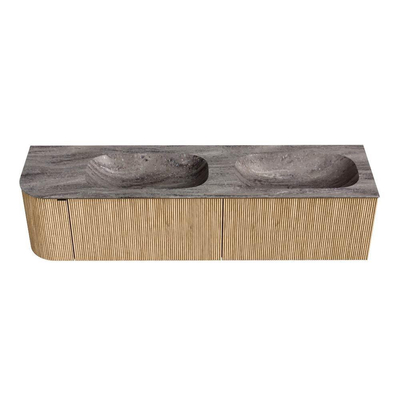 MONDIAZ KURVE-DLUX 175cm badmeubel ronding Links kleur Oak met 2 lades en 1 deur. Wastafel STOR SMALL Dubbel / Rechts 2 kraangaten Oza.