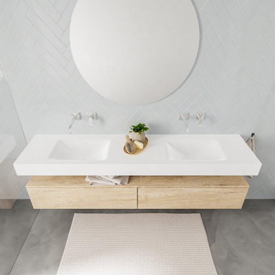 MONDIAZ ALAN 200cm - meuble-bas - chêne blanchi - 2 tiroirs - lavabo suspendu - 2 vasques - 0 trous de robinet - talc