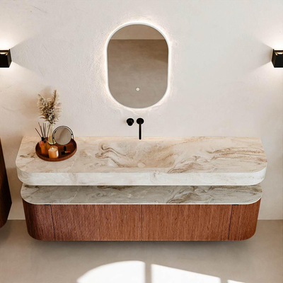 MONDIAZ THOR-DLUX 190cm meuble de salle de bains arrondi gauche + droite couleur Ruby avec 2 tiroirs et 2 portes. Vasque suspendue CLOUD Milieu sans trou de robinet couleur Frappe.