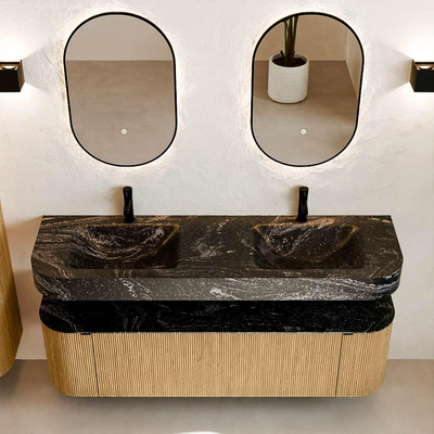 MONDIAZ THOR-DLUX 160cm badmeubel ronding links + rechts kleur Oak met 1 lade en 2 deuren. Vrijhangende wastafel CLOUD Dubbel 2 kraangaten kleur Lava.
