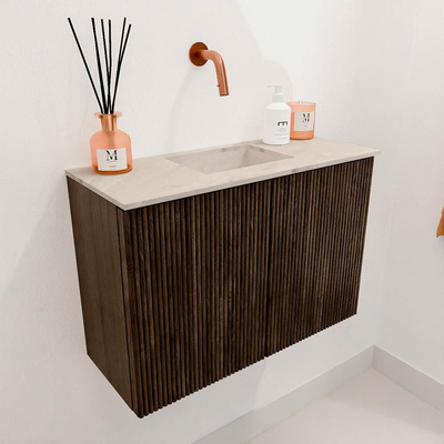 Mondiaz JOYA-DLUX 60cm meuble de salle de bains - couleur Walnut - Vasque FAYE position Milieu Sans trou de robinet couleur Frappe.