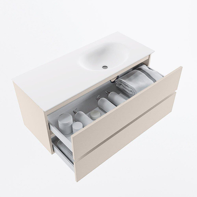 Mondiaz VICA Ensemble de meuble de salle de bain - 110cm - meuble sous-vasque lin - 2 tiroirs - lavabo lune droite - 1 trou de robinet - version haute de 60cm - talc