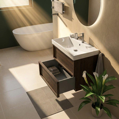 Saniclass Holz Frame Ensemble meuble de salle de bains - 80x45x67.5cm - lavabo Wave en céramique - 1 vasque - 1 trou de robinetterie - 2 tiroirs - chêne charcoal mat (bois)