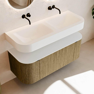 MONDIAZ THOR 120cm meuble de salle de bains arrondi gauche + droite couleur Dusk avec 1 tiroir et 2 portes. Vasque suspendue CLOUD Double sans trou de robinet couleur Talc.