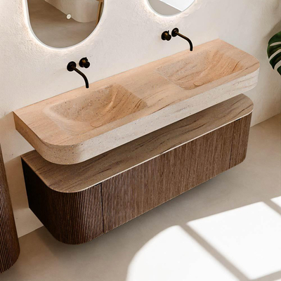 MONDIAZ THOR-DLUX 150cm meuble de salle de bains arrondi gauche + droite couleur Walnut avec 1 tiroir et 2 portes. Vasque suspendue CLOUD Double sans trou de robinet couleur Saba.