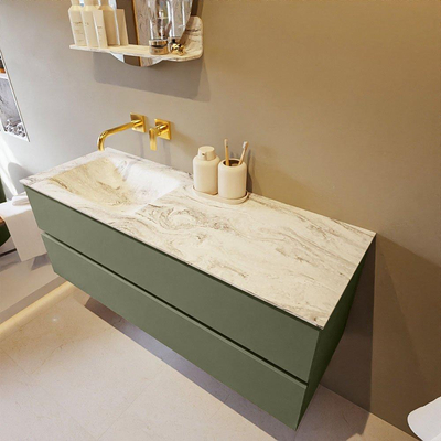 Mondiaz VICA-DLUX ensemble de meuble de salle de bain - 130cm - meuble sous-vasque armée - 2 tiroirs - lavabo encastré nuage gauche - sans trous de robinet - version haute de 60cm - glace