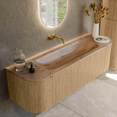 MONDIAZ KURVE-DLUX 150cm badmeubel ronding Links + Rechts kleur Oak met 1 lade en 2 deuren. Wastafel BIG MEDIUM Midden zonder kraangat Arena.