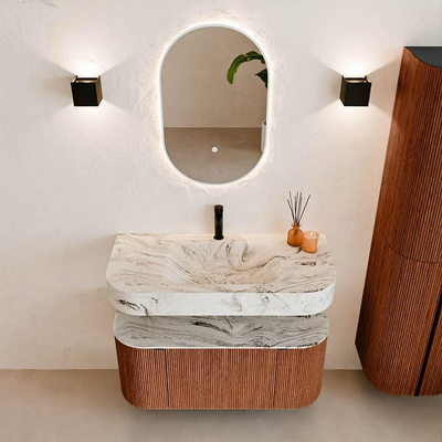 MONDIAZ THOR-DLUX 100cm meuble de salle de bains arrondi gauche + droite couleur Ruby avec 1 tiroir et 2 portes. Vasque suspendue CLOUD Milieu 1 trou de robinet couleur Glace.