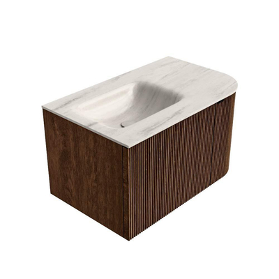 MONDIAZ KURVE-DLUX Meuble de salle de bains 75 cm arrondi Droite couleur Walnut avec 1 tiroir et 1 porte. Lavabo GRUNNE Gauche 1 trou de robinet Meli.