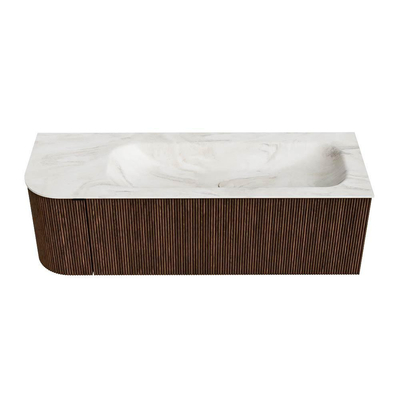 MONDIAZ KURVE-DLUX Meuble de salle de bains 135 cm avec module 25 L couleur Walnut avec 1 tiroir et 1 porte. Lavabo BIG MEDIUM à droite sans trou de robinet couleur Ostra.