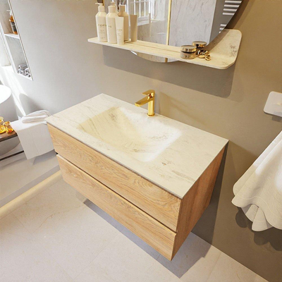 MONDIAZ VICA-DLUX Ensemble meuble de salle de bains - 90cm - meuble bas Washed oak - 2 tiroirs - lavabo encastré cloud central - 1 trou de robinet - version haute 60cm - opalo