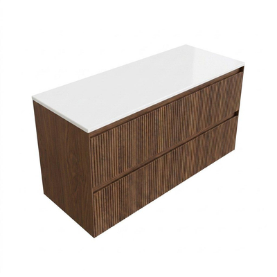 Saniclass Holz Atelier Ensemble de meubles de salle de bains - 120x45x62.5cm - plan de travail Torino en solid surface blanc - sans trou de robinet - 2 tiroirs - walnut pure mat (bois)
