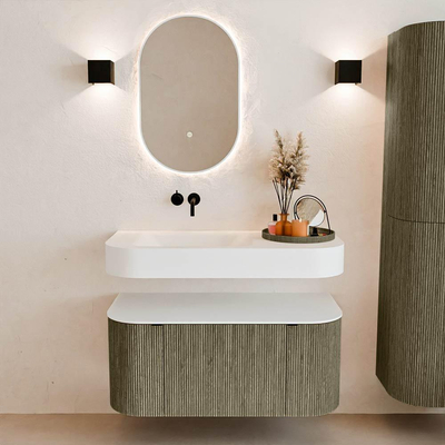 MONDIAZ THOR 100cm meuble de salle de bains arrondi gauche + droite couleur Shadow avec 1 tiroir et 2 portes. Vasque suspendue CLOUD Gauche sans trou de robinet couleur Talc.