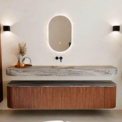 MONDIAZ THOR-DLUX 200cm meuble de salle de bains arrondi gauche + droite couleur Ruby avec 2 tiroirs et 2 portes. Vasque suspendue CLOUD Milieu sans trou de robinet couleur Oza.