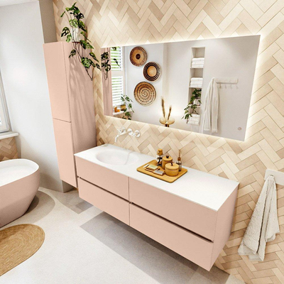Mondiaz VICA ensemble de meuble de salle de bain - 150cm - meuble sous vasque rosee - 4 tiroirs - lavabo moon gauche - sans trous de robinet - version haute de 60cm - talc