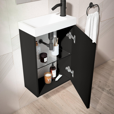 Saniclass Chaci Ensemble meuble lave-mains - 40x55cm - 1 porte - lavabo fontaine en marbre minéral - avec miroir rectangulaire - noir mat
