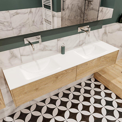 MONDIAZ LUSH Ensemble de meuble salle de bain - 180cm - 2 tiroirs - lavabo cloud - 2 lavabos - 0 trous de robinet - chêne blanchi