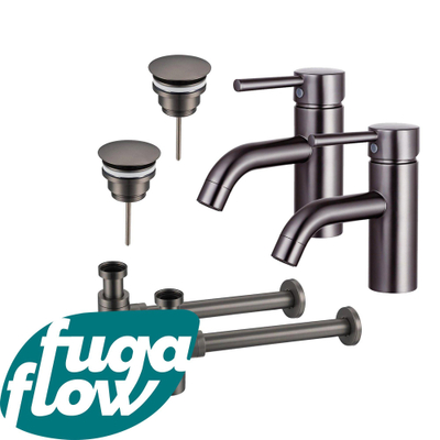 FortiFura Calvi Kit robinet lavabo - pour double vasque - robinet bas - bonde non-obturable - siphon design - Gunmetal PVD