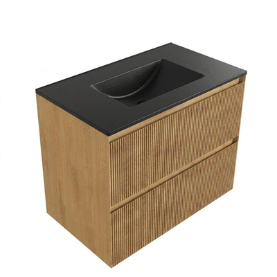 Saniclass Holz Atelier Ensemble meuble de salle de bains - 80x45x62cm - Vasque Vygo en céramique noire - 1 vasque - sans trou de robinetterie - 2 tiroirs - chêne naturel mat (bois)
