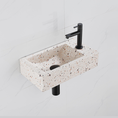 FugaFlow Eccelente Pietra Ensemble fontaine - 40x22x10cm - trou de robinet à droite - robinet de fontaine noir mat - bouchon de vidange - siphon abaissé - beige mat