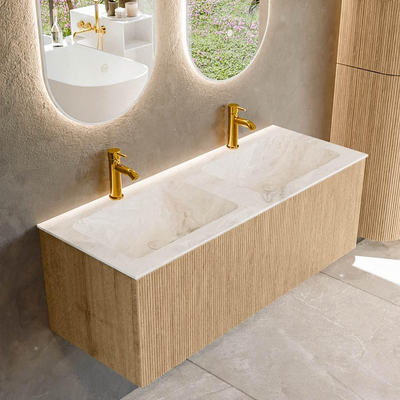 MONDIAZ KURVE-DLUX 120cm Meuble salle de bain - couleur Oak - 1 tiroir - vasque LEAF double - 2 trous de robinet - couleur Frappe