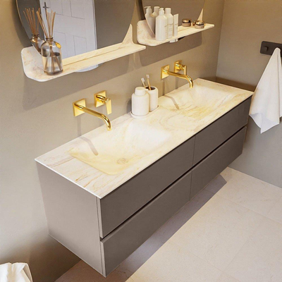 Mondiaz VICA-DLUX ensemble de meuble de salle de bain - 150cm - meuble sous-vasque fumée - 4 tiroirs - lavabo encastré nuage double - sans trous de robinet - version haute de 60cm - ostra