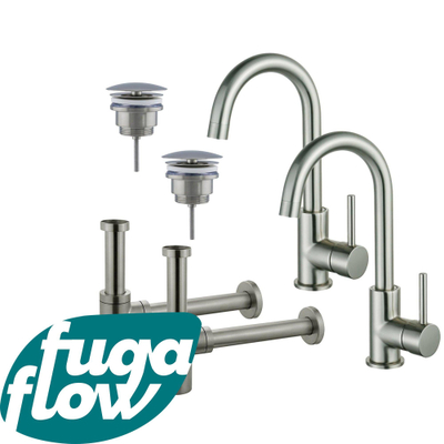 FugaFlow Eccelente Sobrado Badkamer Wastafelkraanset - voor dubbele wastafel - hoge wastafelkraan - draaibare uitloop - always open plug - design sifon - PVD Geborsteld RVS