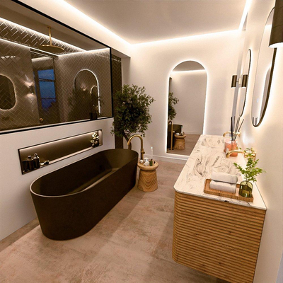 Mondiaz CIRO-DLUX Ensemble de meubles de salle de bains - 190x45x50cm - lavabo solid surface Glace - 2 vasques double - sans trous de robinet - 4 tiroirs - Chêne
