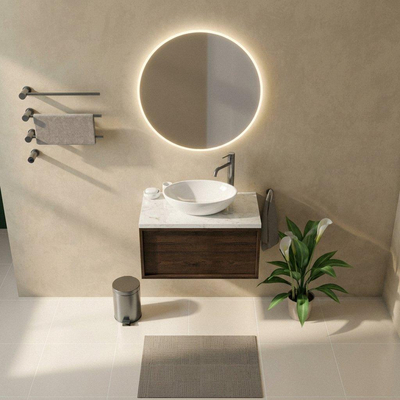 Saniclass Holz Frame Ensemble meuble de salle de bains - 80x45x43cm - Plan vasque en marbre Dia poli (blanc) - 1 trou de robinet - 1 tiroir - chêne charcoal mat (bois)