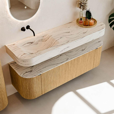 MONDIAZ THOR-DLUX 150cm badmeubel ronding links + rechts kleur Oak met 1 lade en 2 deuren. Vrijhangende wastafel CLOUD Links zonder kraangat kleur Nata.