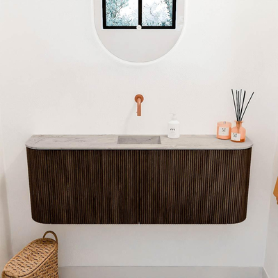 Mondiaz JOYA-DLUX 113.2cm toiletmeubel - ronding links en rechts kleur Walnut - Wastafel FAYE positie Midden Zonder kraangat kleur Glace.