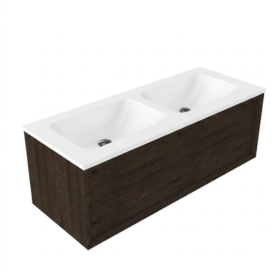 Saniclass Holz Frame Ensemble meuble de salle de bains - 120x45x57.5cm - vasque Torino en solid surface blanc - sans trou de robinetterie - 1 tiroir - chêne charcoal mat (bois)