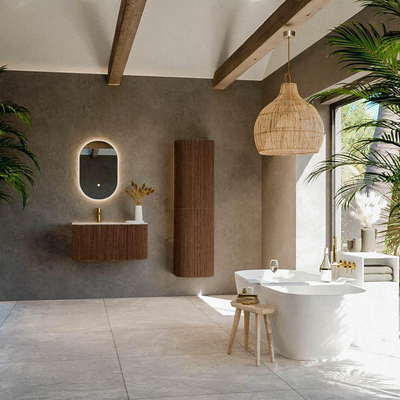MONDIAZ KURVE-DLUX meuble de salle de bains 85cm arrondi à droite couleur Walnut avec 1 tiroir et 1 porte. Lavabo CLOUD à gauche 1 trou de robinet Meli.