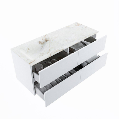 MONDIAZ VICA-DLUX Ensemble meuble de salle de bains - 120cm - meuble bas talc - 4 tiroirs - vasque encastrée cloud à gauche - sans trous de robinet - version haute 60cm - frape
