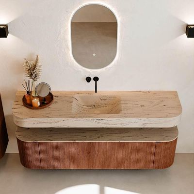 MONDIAZ THOR-DLUX 170cm meuble de salle de bains arrondi gauche + droite couleur Ruby avec 1 tiroir et 2 portes. Vasque suspendue CLOUD Milieu sans trou de robinet couleur Arena.