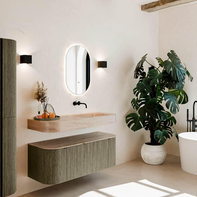 MONDIAZ THOR-DLUX 120cm meuble de salle de bains arrondi gauche + droite couleur Shadow avec 1 tiroir et 2 portes. Vasque suspendue CLOUD droite sans trou de robinet couleur Saba.