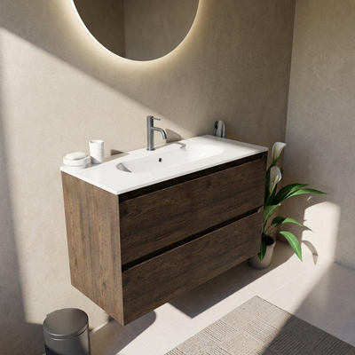 Saniclass Holz Pure Ensemble de meubles de salle de bains - 100x45x73.9cm - Chaci lavabo en céramique blanc - 1 vasque - 1 trou de robinetterie - 2 tiroirs - chêne charcoal mat (bois)