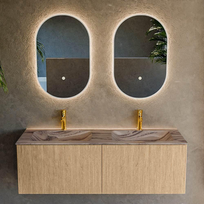 MONDIAZ KURVE-DLUX 130cm badmeubel kleur Oak met 2 lades en 0 deuren. Wastafel LEAF Dubbel 2 kraangaten Sombra.