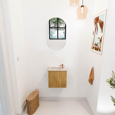 Mondiaz JOYA-DLUX 40cm toiletmeubel - kleur Oak - Wastafel FAYE positie Links 1 kraangat kleur Frappe.
