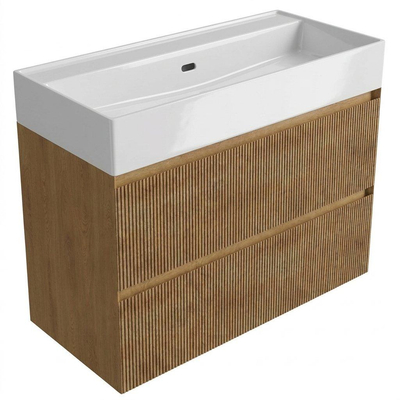 Saniclass Holz Atelier Ensemble de meubles de salle de bains - 100x45x72cm - vasque Legend en céramique blanche - 1 vasque - 2 trous de robinetterie - 2 tiroirs - chêne natural mat (bois)