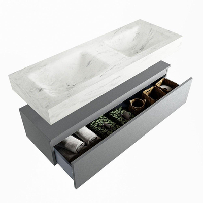 Mondiaz ALAN-DLUX Ensemble de meuble - 130cm - meuble Plata mat - 1 tiroir - Lavabo Cloud Opalo suspendu - vasque Gauche et droite - 0 trous de robinet