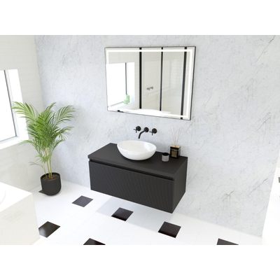 HR Matrix ensemble de meubles de salle de bain 3d 100cm 1 tiroir sans poignée avec bandeau couleur noir mat avec dessus noir mat