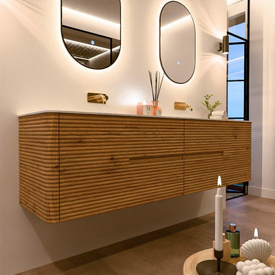 Mondiaz CIRO-DLUX Badkamermeubelset - 180x45x50cm - Solid surface wastafel Opalo - 2 wasbak Dubbel - zonder kraangaten - 4 lades - Oak