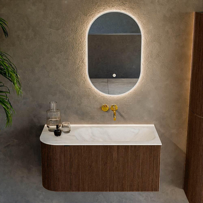 MONDIAZ KURVE-DLUX meuble de salle de bains 95cm avec module 25 L couleur Noyer avec 1 tiroir et 1 porte. Lavabo BIG SMALL à droite sans trou de robinet couleur Ostra.
