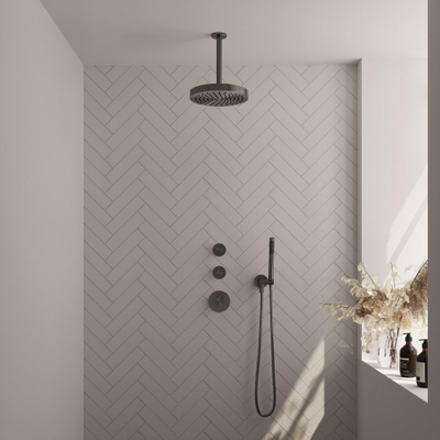 BRAUER Stripe Douche de tête thermostatique encastrée - SET 03 - pomme de douche 25cm - bras plafond - douchette sur barre - flexible de douche - coude mural - gunmetal brossé PVD