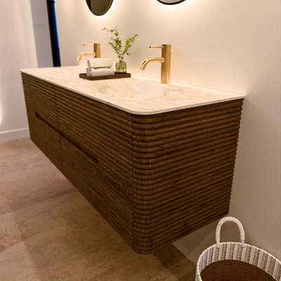 Mondiaz CIRO-DLUX Badkamermeubelset - 150x45x50cm - Solid surface wastafel Ostra - 2 wasbak Dubbel - 2 kraangaten - 4 lades - Dusk