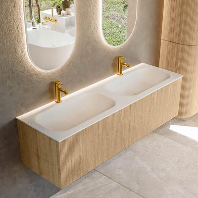 MONDIAZ KURVE 150cm Meuble salle de bain - couleur Oak - 2 tiroirs - vasque BIG SMALL double - 2 trous de robinet - Talc