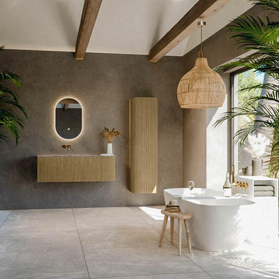 MONDIAZ KURVE-DLUX Meuble de salle de bains 125cm arrondi à droite couleur Dusk avec 1 tiroir et 1 porte. Lavabo BIG MEDIUM à gauche sans trou de robinet Sombra.